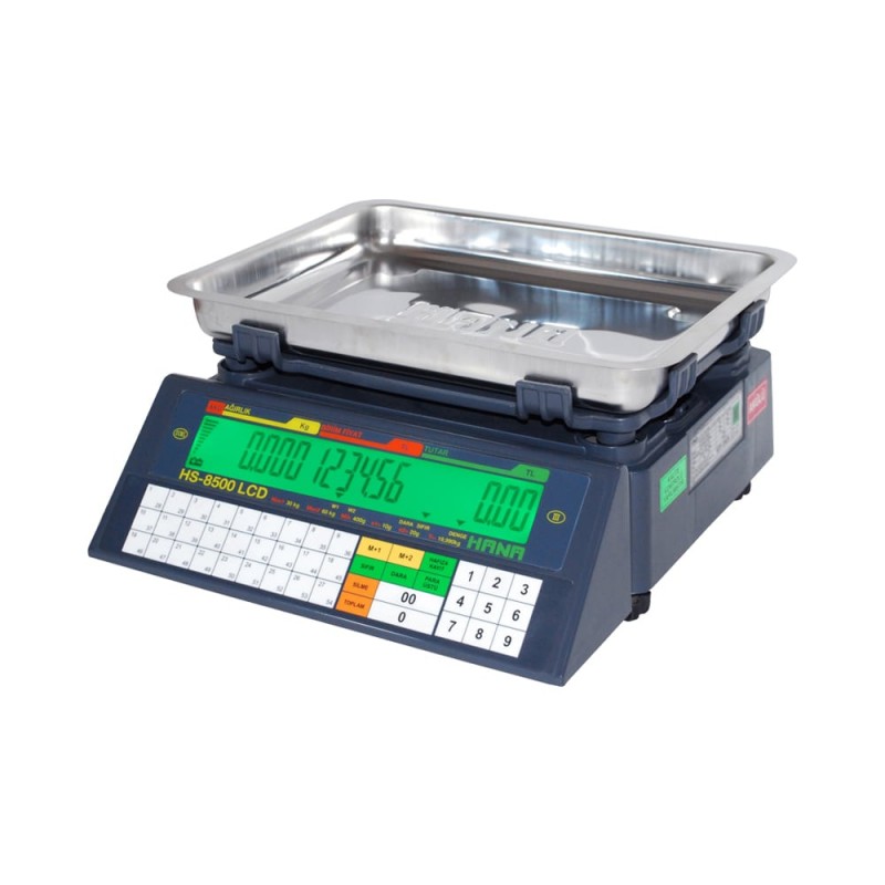 Hana HS-8500 LCD fiyat hesaplamalı terazi, taşıma çantalı, 310×235 mm çukur paslanmaz kefe