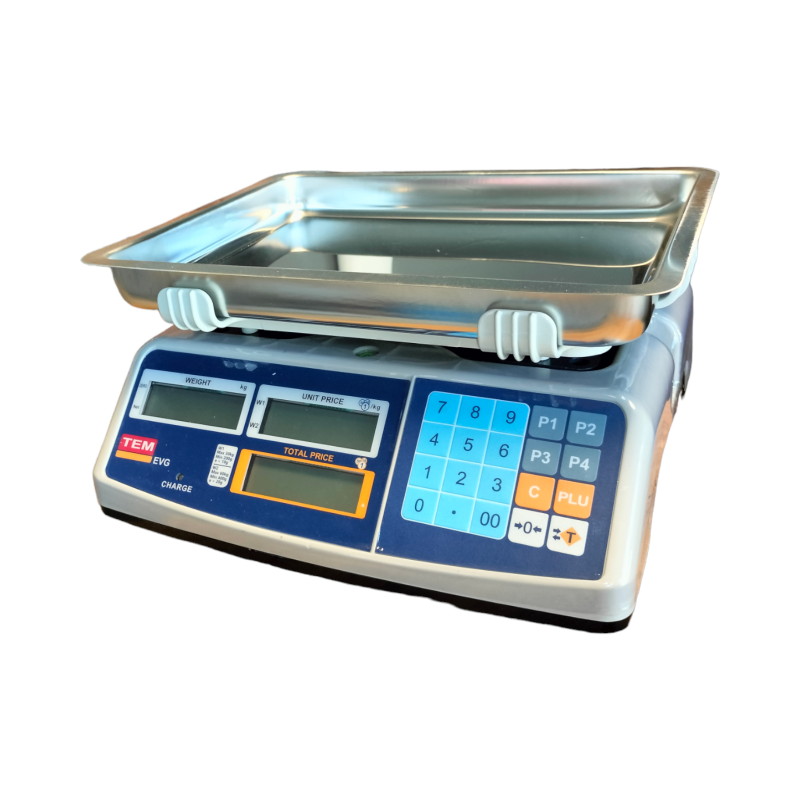 TEM EVG Serisi 30–60 kg fiyat hesaplamalı terazi, backlight LCD ve 27×34 cm paslanmaz kefe